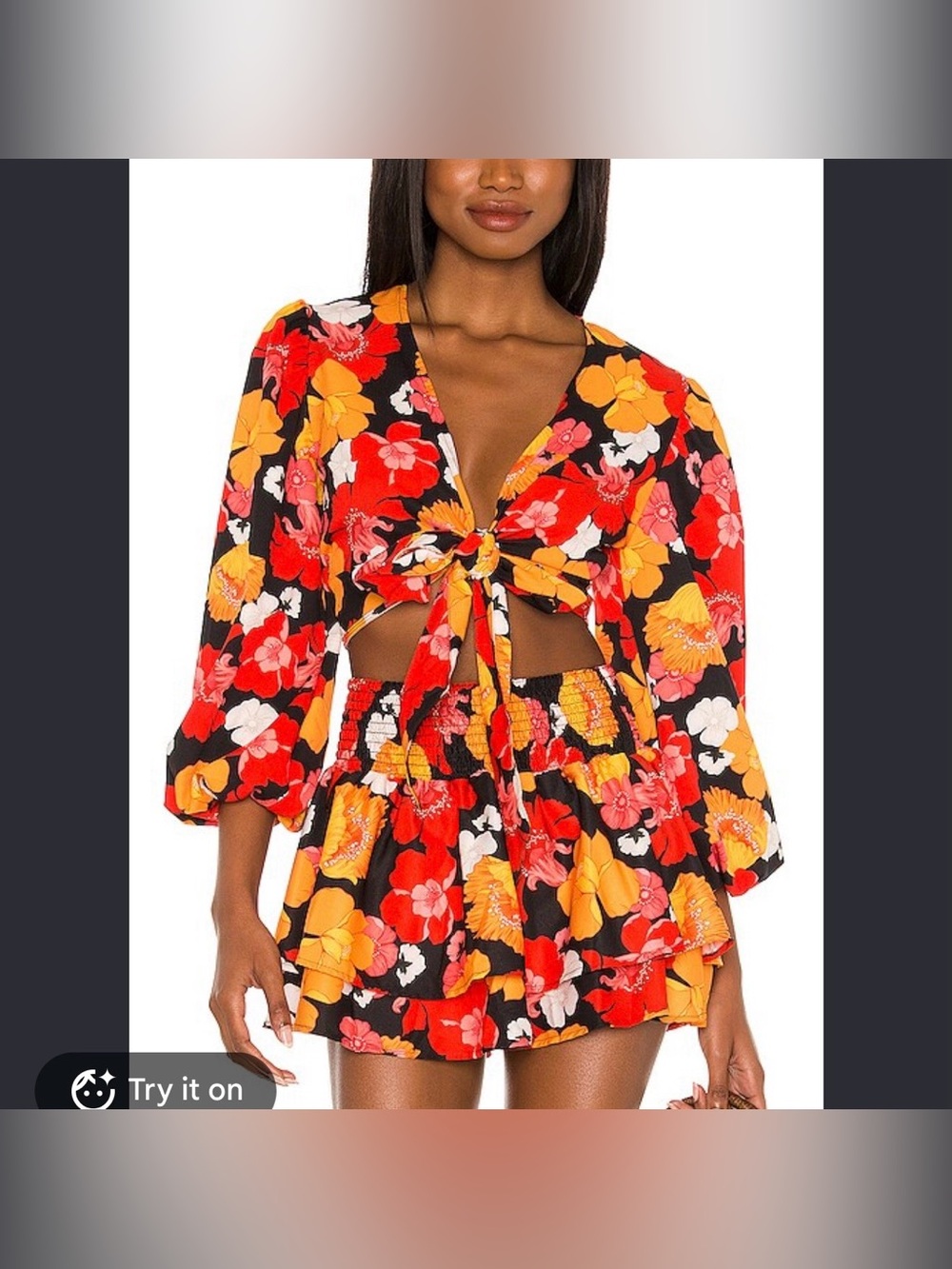 Agua Bendita Vega Tie Front Top Teresa Skirt Set Black Funky Blooms NWT Medium